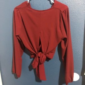 Burgundy Knotted Cuffed Sleeves Blouse